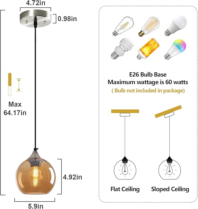 Amber Glass Pendant Lights Kitchen Island Globe Pendant Light Fixtures Modern Pendant Lighting for Bedroom Living Dining Room Light Fixture (5.9 in, 2 Pack)