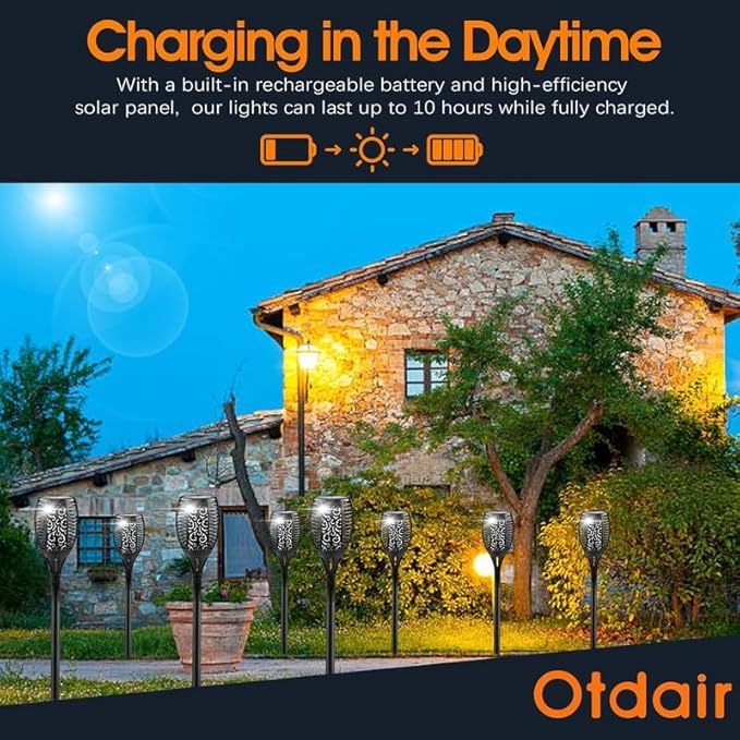 Otdair 96 LED Solar Lights Outdoor Upgraded 8 Pack, 43" Tall & Super Larger Size, Waterproof Solar Torch Light with Flickering Flame, 2200mAh Solar Tiki Torches Decoration Lights, for Path Yard Garden