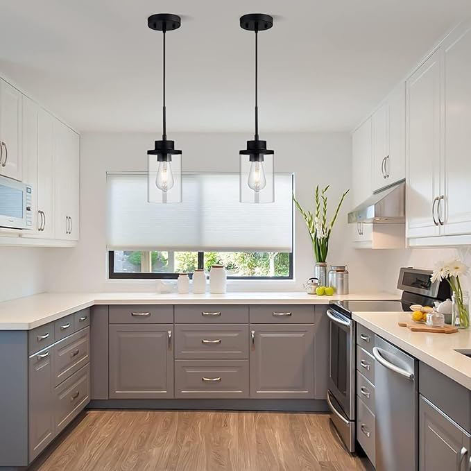 Modern Black Farmhouse Clear Glass Cylinder Pendant Light Fixture, Single Hanging Pendant Lighting for Kitchen Island, Dining Room, Foyer & Hallway(2 Packs)