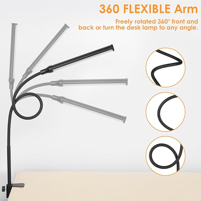 ShineTech LED Desk Lamp with Clamp, Clip On Desk Lamp for Home Office, 3 Color Modes & Stepless Dimming, Flexible Gooseneck Architect Desk Light, Eye Caring Reading Lamp with USB Adapter