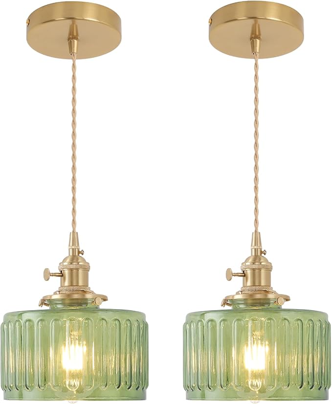 Pendant Light 2 Pack with Green Striped Glass Lmapshade, Brass Vintage Pendant Light Adjustable Hanging Light for Kitchen Island Dining Room Hallway