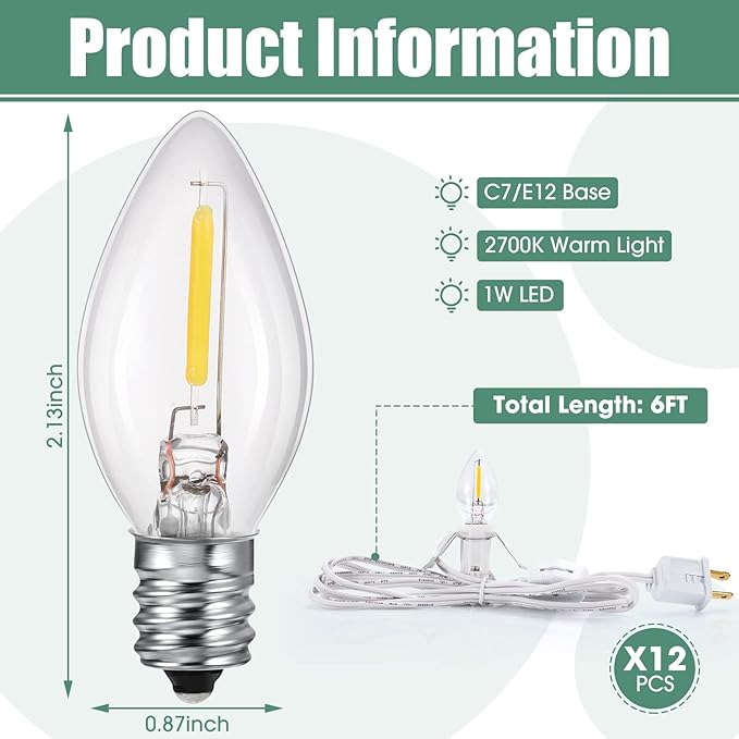 Coume 24 Packs Accessory Cord with LED Light Bulb, 6 Ft Warm Light Accessory Cord Kit (White)