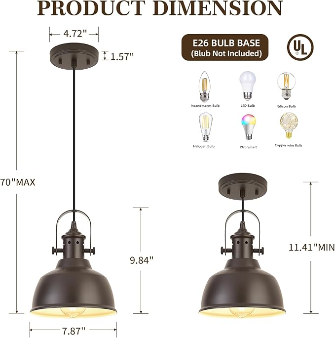 Farmhouse Small Pendant Lights, Oil Rubbed Bronze Pendant Lighting for Kitchen Island, lndustrial Adjustable Height Hanging Light for Barn, Dining Room, 2 Pack