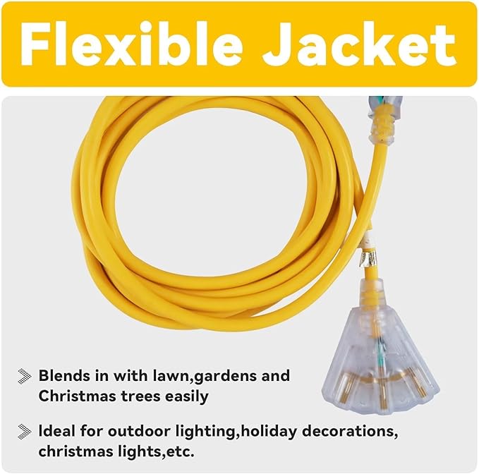 EP 2 Pack 25 Ft 12 Gauge Heavy Duty Extension Cord, 15A 125V 1875W, 3 Outlet Indoor/Outdoor Power Cord with Lighted End, 12/3 SJTW Weatherproof Yellow, UL Listed