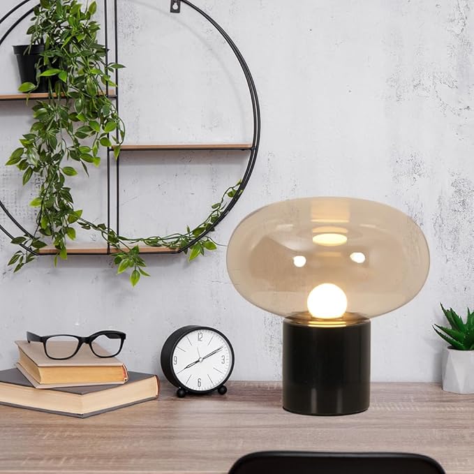 Meefad Glass Table Lamp, Mushroom Shape Bedside Lamp with Marble Base, Small Night Light for Bedroom Office Nightstand Cognac Finish