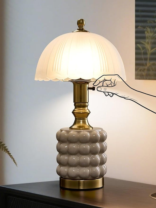 Vintage Lamp for Bedroom,Unique Lamps Cracked Ceramic lamp,UL Rotary Switch Control Glass lamp Shade,Small Table lamp for Living Room Decor Kitchen Lighting (White+Glass)