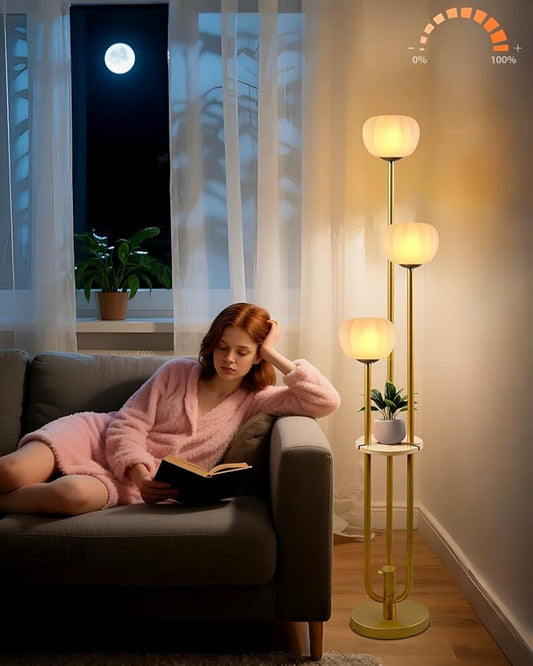 Gold Floor Lamp with Table, Modern Dimmable Floor Lamps with Pumpkin Lampshade, 3000K Soft Warm White Bulbs Included, 3-Light Tall Standing Lamp for Living Room/Bedroom