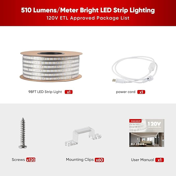 Shine Decor Plus LED Strip Lights AC 120V, Connectable Double Row Bright Rope Light, ETL IP65 Waterproof & Weather-Resistant for Accent Lighting, 7x17mm, 6000K Cool White, 98FT