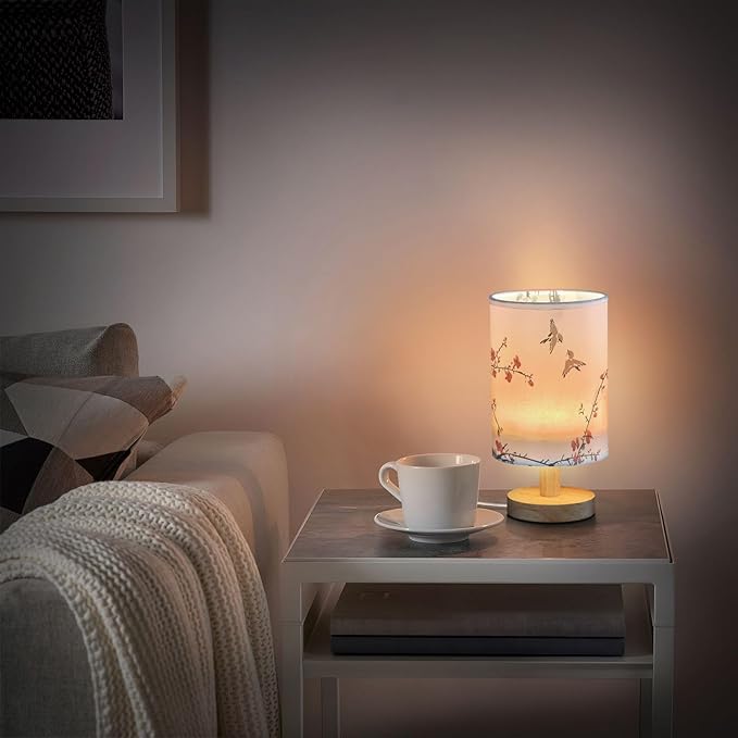 Bedside Table Lamp Japanese Cherry Blossom Nightstand Lamp with Wood Wintersweet Bird Vinter Floral Desk Lamps for Bedroom Living Room Nursery Office Home Decor