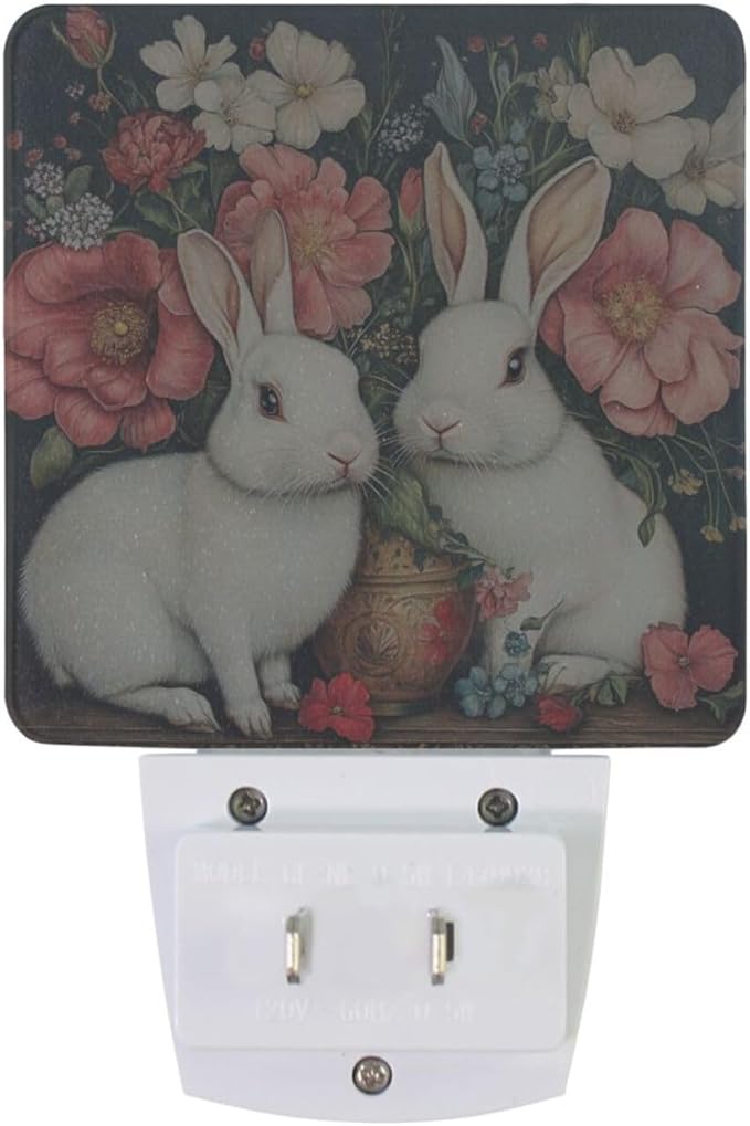 Easter Flower White Rabbit Night Light 2 Pack Dusk to Dawn Sensor Led Lamp for Women Men Night Lights Plug into Wall Decor for Bedroom Kitchen Corridor, 0.5W