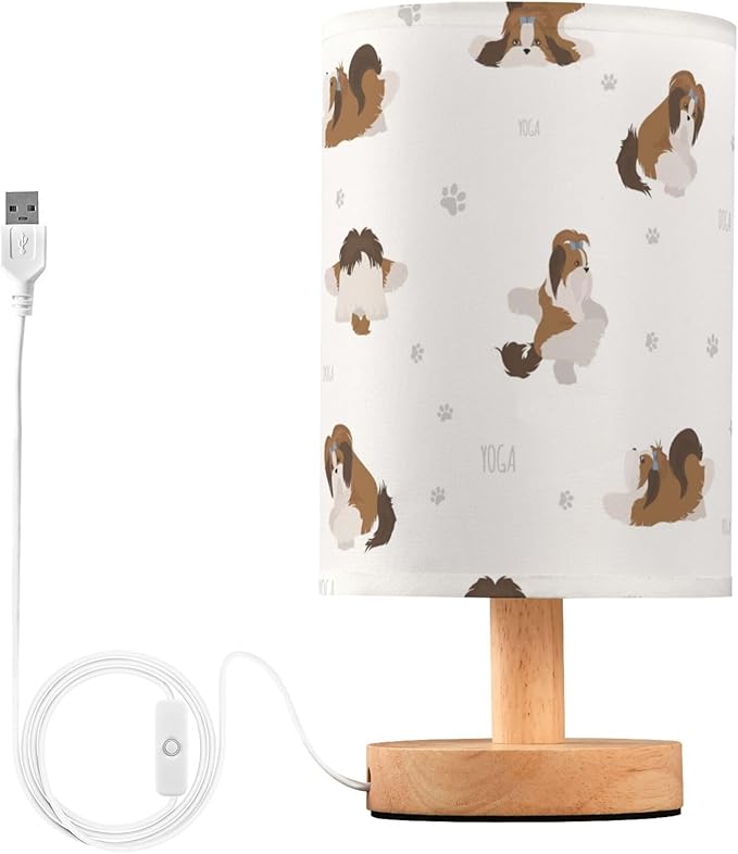 Table Lamp Yoga Shih Tzu Dogs Nightstand Lamp with Wood Base Fabric Lamp Shade Bedside Desk Lamp for Living Room Bedroom Kids Room Office