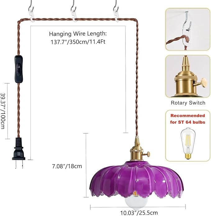 Plug in Pendant Light: Hanging Light Plug in Royal Purple Glass Hanging Lamp, Pendant Lighting for Kitchen Island, Bedroom, Dining Room, Living Room, No Bulb