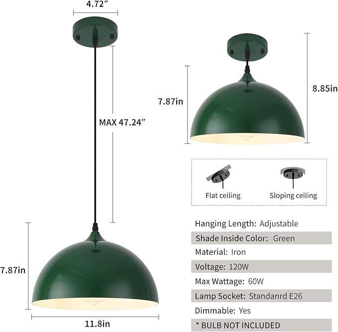 Farmhouse Pendant Light, 11.8inch, 2 Packs- Green Industrial Kitchen Pendant Lights, Pendant Lights Kitchen Island, Pendant Light for Bedroom, Office, Kichen Sink, Library