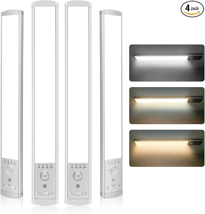 Under Cabinet Lighting, 4Pack Motion Sensor Light Indoor with 3 Color Temps, Rechargeable Under Counter Lights for Kitchen,Dimmable Closet Lights Battery Operated, 76 LED Motion Sensor Light Indoor