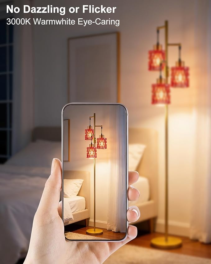 3-Light Floor Lamps for Living Room, Farmhouse Dimmable Gold Floor Lamp with Rose Red Glass Shade& Bulbs Included, Mid Century Standing Tall Lamp for Bedroom/Sofa Beside/Corner
