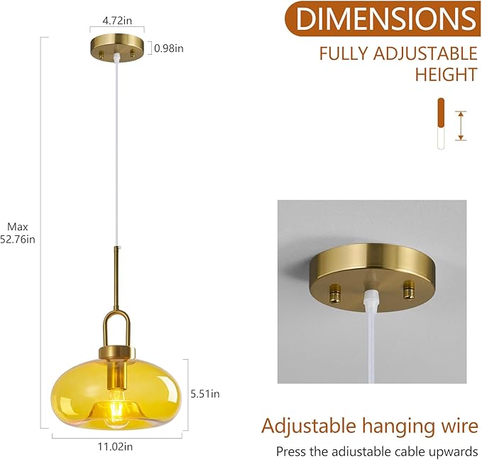 Yellow Glass Pendant Lights Kitchen Island Gold Pendant Light Fixtures Adjustable Height Modern Pendant Lighting for Bedroom Dining Room (11.02 in 1-Pack)