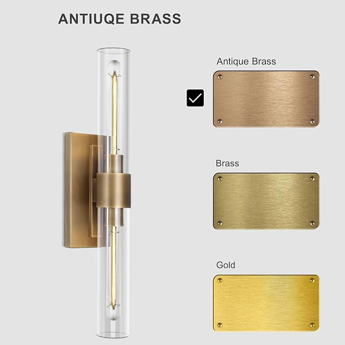 Brass Vanity Light Hardwired, 2-Light Bathroom Wall Sconce Over Mirror, 22.8" Gold Vanity Lights for Bathroom, Dimmable Wall Sconce with Glass Tube, Linear Wall Sconces for vertical and horizontal
