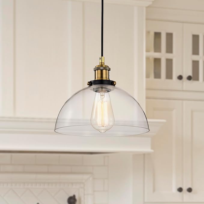 Edvivi Mateo 1-Light Pendant Lights with Clear Glass Dome Shade, Black and Antique Brass Modern Farmhouse Ceiling Lighting, Adjustable Hanging Industrial Light Fixture for Kitchen, Dining, Bedroom