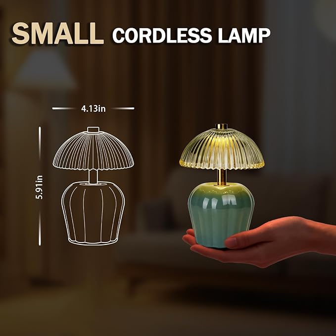 MJ PREMIER Small Cordless Lamp, Battery Operated Lamp with Timer, Mini Crystal Glass Mushroom Lampshade, Cute Small Table Lamps, Decorative Led Light for Bedroom Living Room Shelf (Green)