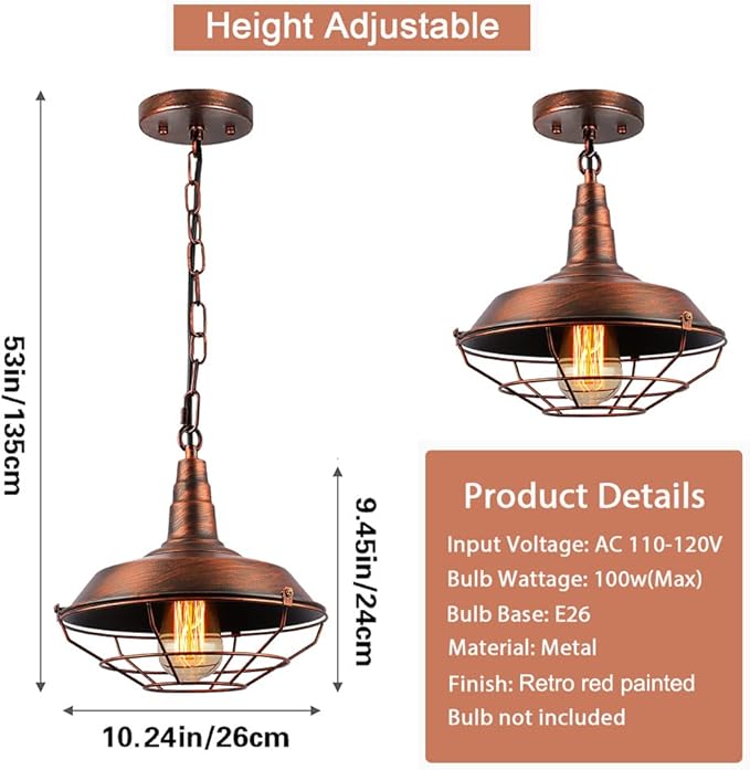Industrial Pendant Lights Kitchen Island 2 Pack Farmhouse Hanging Light Fixtures with Adjustable Chain, Rustic Pendant Lighting with Metal Wire Cage for Barn Dining Room Hallway Foyer