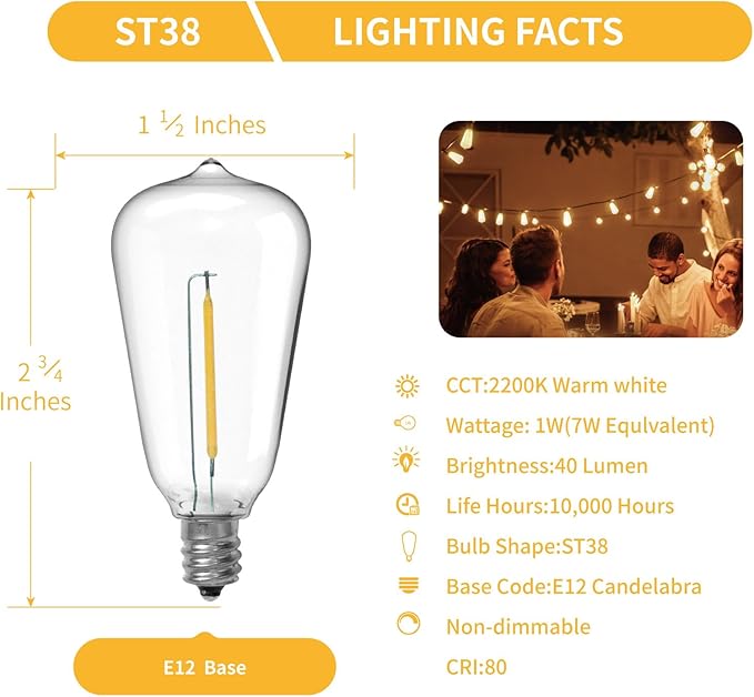 E12/C7 Base LED Replacement Bulbs for ST38 Outdoor String Lights - Not Solar, Vinatge 1W LED Shatterproof Bulb, Warm White 2200K, 50 Pack