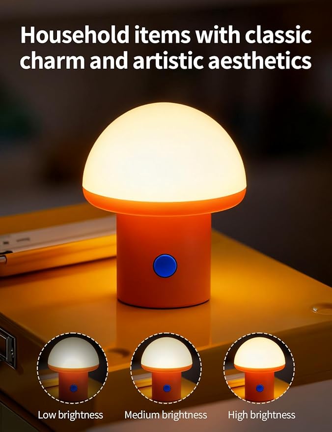 LED Night Light for Bedroom - Cute Mushroom Mini Desk Lamp with 3 Brightness Levels, USB Rechargeable & Portable Bedside Lamp for Kids and Nursery Christmas Gifts for Birthday