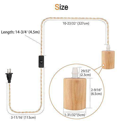 15FT Wood Pendant Light Cord Kit, Swag Hanging Lamp Kit with Plug In & Switch, Hanging Lights DIY Farmhouse Industrial E26 Socket Pendant Light Fixtures Vintage 15ft Twisted Cloth Covered Wire