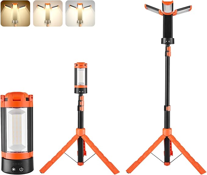 VEVOR LED Work Light with Stand, 8Ah, Rechargeable Cordless Camping Light, with 3 Lamp Heads, Detachable Tripod Stand, 2200 Lumens 3000K-6500K Dimmable, Portable Construction Lighting for Job Site