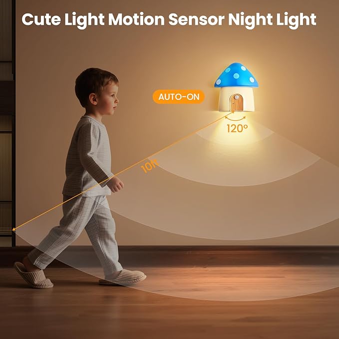 Rechargeable Motion Sensor Light, Mushroom Dimmable LED Night Lights Indoor, Magnetic Battery Night Light with 3 Color Temperatures for Adults Kids Hallway, Bedroom, Kitchen, Stairs, Blue