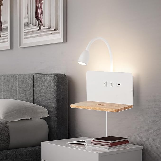 Bedside Wall Sconce with Wireless Charging Station & USB Port, Wall Mounted LED Reading Light with Flexible Gooseneck, 3 Color Temperatures, Plug-in or Hardwired Bed Reading Lamp for Bedroom, White