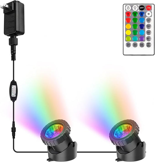 RGB Pond Lights with Timer,LED Underwater Submersible Fountain Light, 98ft Remote Control IP68 Waterproof Colorful Landscape Spotlights for Fish Aquarium Tank Garden Yard Pool (Set of 2)