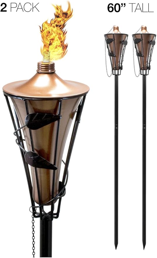 Matney Outdoor Metal Patio Torches – Use for Deck, Patio, Back Yard, Out Door parties, Wedding – Includes Fiberglass Wick and Snuffer Cap (60 Inch, 2 Pack)