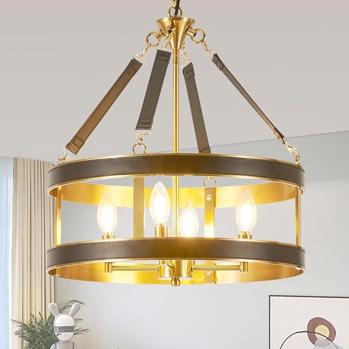 Farmhouse Ceiling Chandelier,18 Inch Antique bronze aluminum black leather belt trim Modern Rustic Hanging Pendant Ceiling Light Fixture for Living room, Dining room, Bedroom, Kitchen（4 Light）