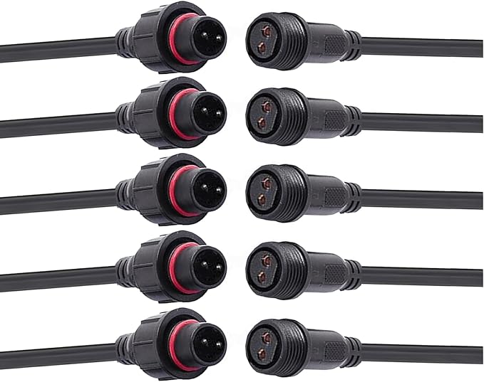 Waterproof Connector 2 Wire,16AWG 2Pin Male Female Plug LED Connector with IP65,20CM Extension Cable for Car,LED Strip Lights (5Pairs)