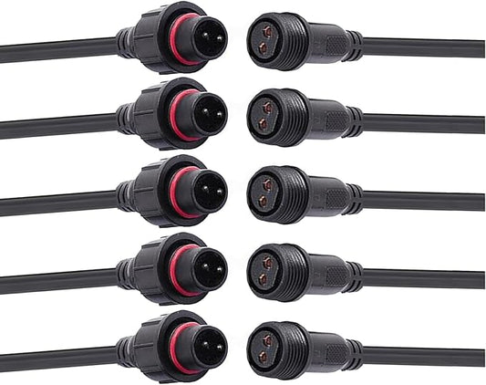 Waterproof Connector 2 Wire,16AWG 2Pin Male Female Plug LED Connector with IP65,20CM Extension Cable for Car,LED Strip Lights (5Pairs)
