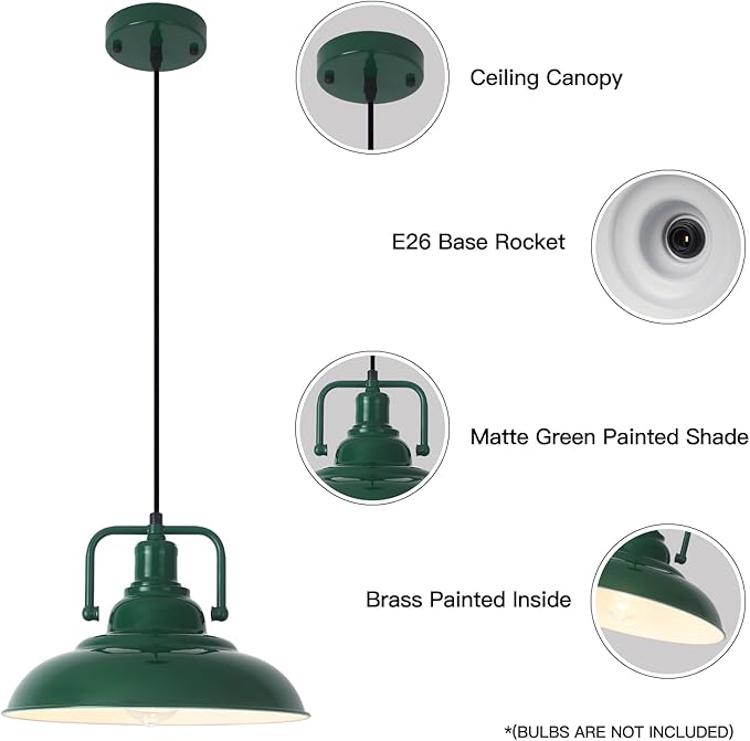 Farmhouse Pendant Light, 12.5inch, 3 Packs- Green Industrial Pendant Light, Kitchen Pendant Lights, Pendant Lights Kitchen Island, Pendant Light for Bedroom, Office, Kichen Sink, Library