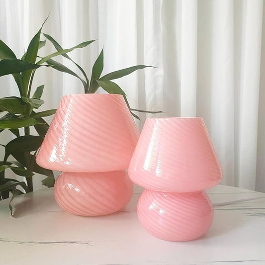 Swirl Mushroom Lamp, Translucent Glass Table Bedside Lamps Italian Style Modern Striped Desk Light for Baby Home Decoration of Dining, Living, Study (Striped Pink, Maxi Dia8.7*H9.9 Inches)