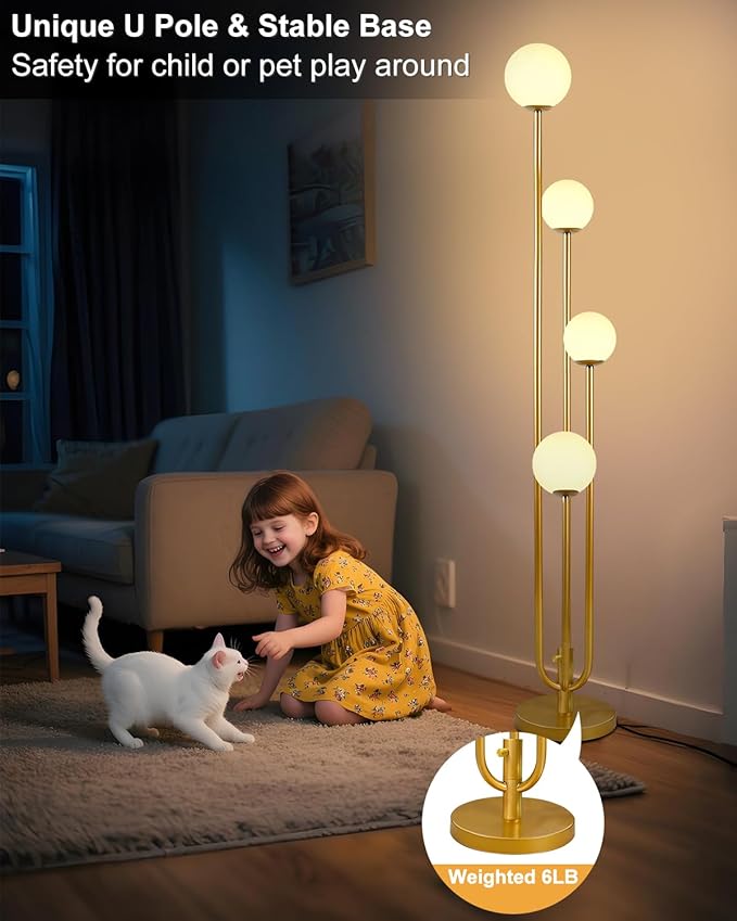 Lightdot Gold Globe Floor Lamp 4-Lights Dimmable Floor Lamps with 3000K Bulbs Included Unique Mid Century Modern Tall Standing Lamp for Living Room/Bedroom/Sofa Beside/Corner Decor