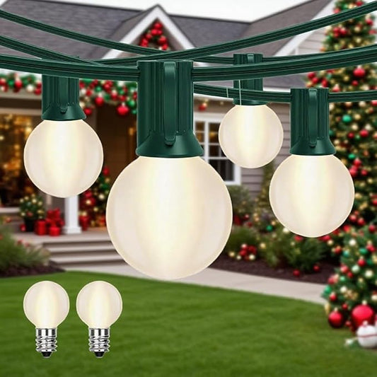Abeja G40 Outdoor String Light, 25FT Frosted White Christmas String Lights with 27 Frosted White Bulbs, G40 Globe Patio String Lights for Backyard Porch Balcony Party Wedding Umbrella- Green Wire