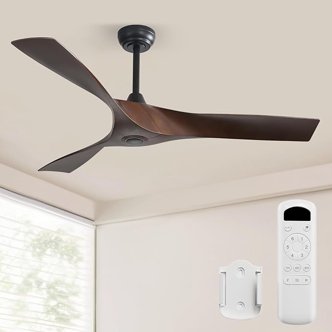 CACI Mall Ceiling Fan No Light, 52 inch Low Profile Flush Mount Modern Ceiling Fan with Remote Control and Reversible DC Motor, for Bedroom Living Room Patio Indoor Outdoor, Brown