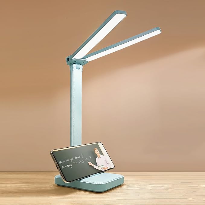 LED Double Head Desk Lamp, Rechargeable Portable Table Lamp, Adjustable Light Color and Brightness, USB Powered, LED Light for Work, Reading, Emergency (Blue)