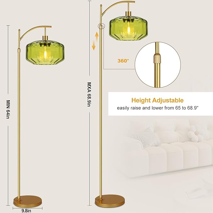 Gold Floor Lamps for Living Room Vintage Floor Lamp with Remote Control & Green Glass Lampshape,Dimmable Floor Lamp Mid Century Modern Standing Lamp Brass Tall Floor Lamps for Bedroom Corner
