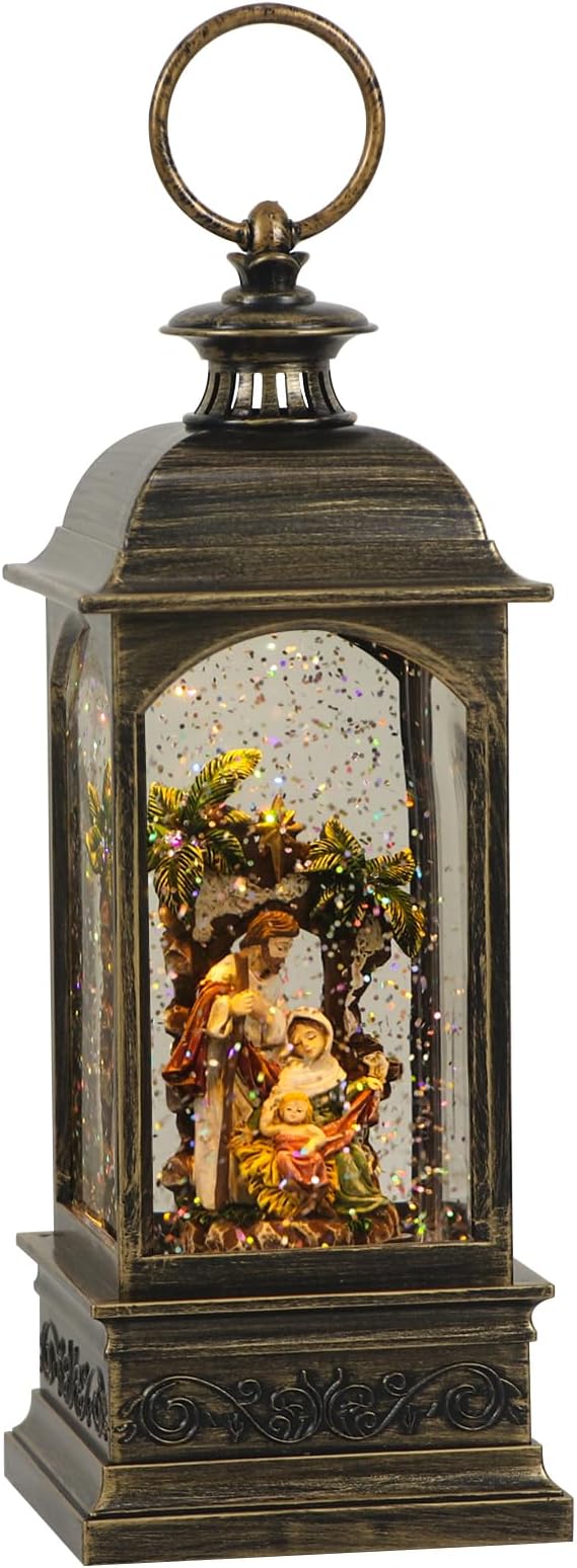 DRomance Nativity Music Snow Globe Lantern with Timer Battery Operated & USB Powered Lighted Singing Snow Globe Lamp Spinning Water Swirling Glitters Christmas Holiday Decor 3.7 x 3.7 x 11.4 Inches