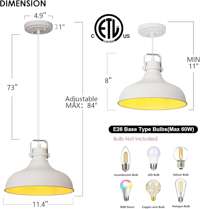 White Farmhouse Pendant Lights Matte Pendant Lighting for Kitchen Island Industrial Adjustable Height Vintage Dome Hanging Light Fixtures for Barn, Dining Room 3 Packs