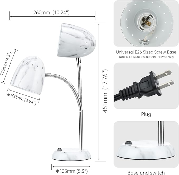 Eye-Caring Marble Table Lamp of Simple Designs Home E26Led Screw Basic Metal Desk Lamp with Flexible Gooseneck Hose Neck Study Lamp for Bedroom Office Living Room Convenient On/Off Switch