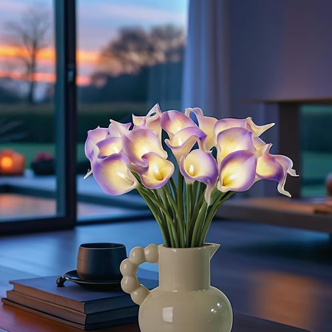 20pcs Lighted Artificial Calla Lily Bouquet Faux Floarl Night Light Real Touch Flower Night Light LED Calla Lily lighted Artificial Flower for Holiday Gifts Home Kitchen Decor(Light Purple, No Vase)