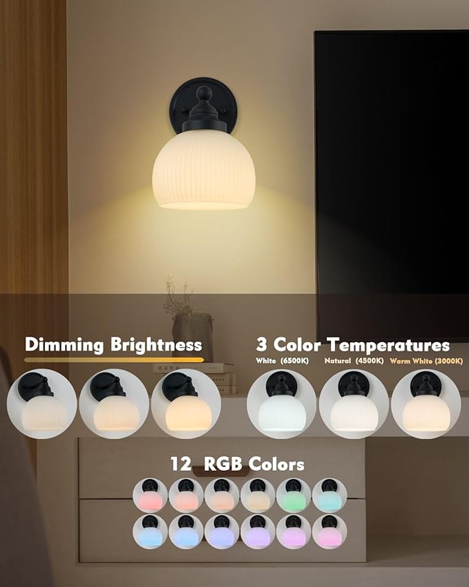 HEQIQEH Vintage Rechargeable Battery Operated Sconce Wall Lighting with Remote Control, Dimmable Ribbed White Glass Shade Wall Mounted Lamp Fixture for Bedroom Vanity Bathroom Living Room
