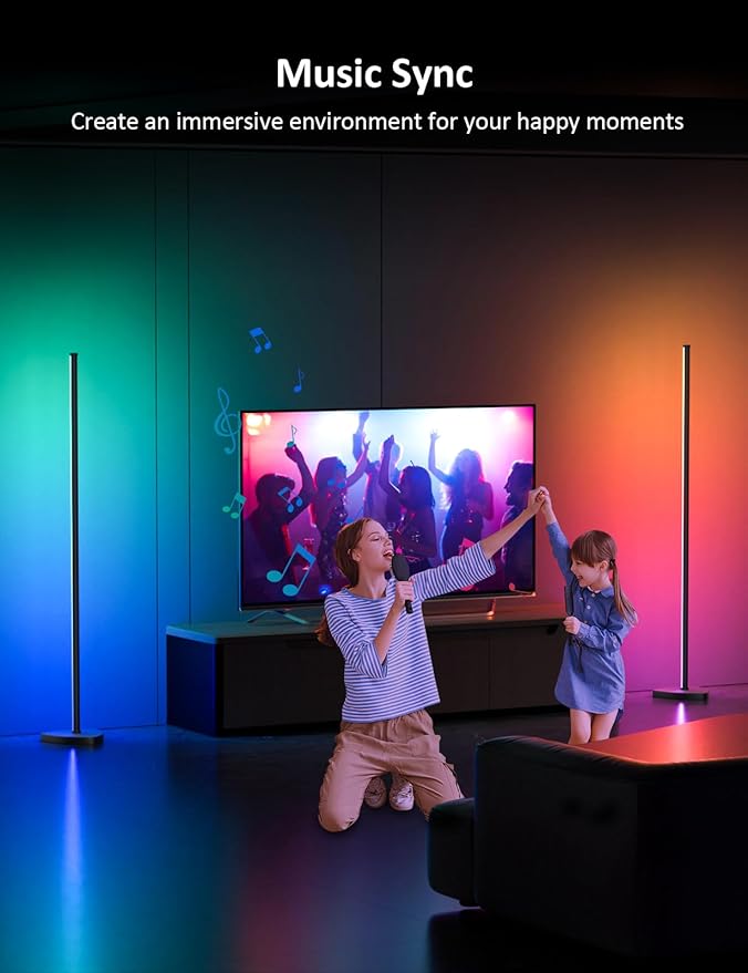 Corner Floor Lamp, 57.5" LED Corner Lamp with APP and Remote Control, 16 Million Colors & Dynamic Modes, Music Sync, Timing Function, Color Changing Ambient Light for Living Room, Bedroom, Gaming