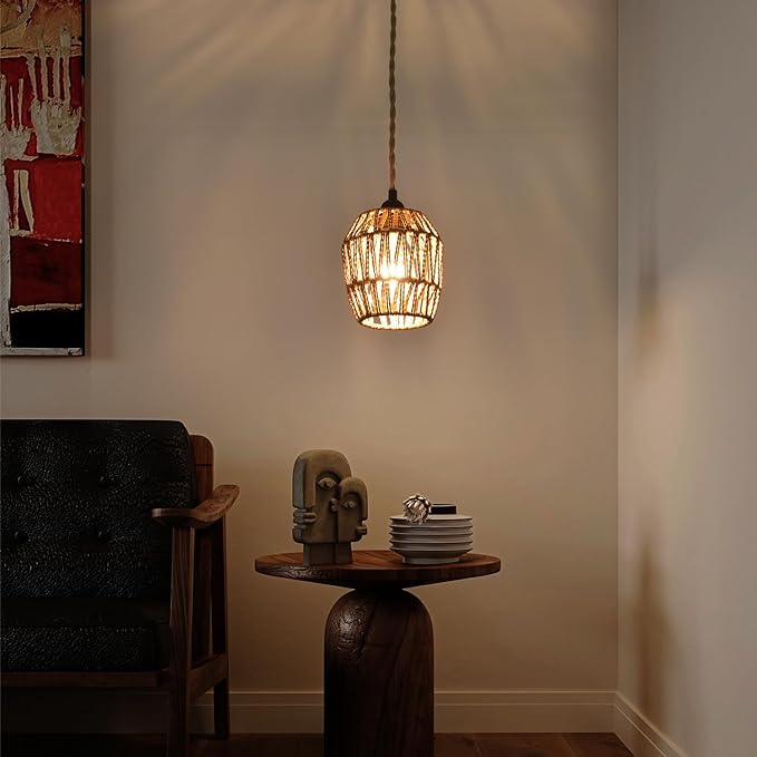 Plug in Pendant Light, Industrial Hanging Light with Plug in Cord Hemp Rope On/Off Switch Farmhouse, Vintage Pendant Light Fixture, Hanging Lamps for Dining Room