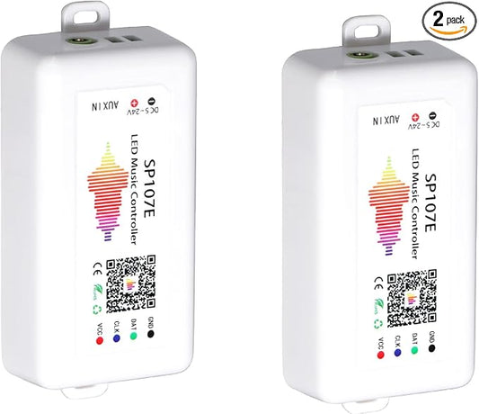2 Pack SP107E LED Controller –Music Sync for WS2812B/Ws2811/SK6812 IC Strips & LED Pixel Matrix Panel, Smart App Control, 16 Million Colors, Commercial/Home Lighting